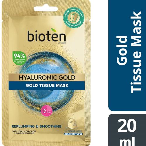 Bioten Hyaluronic Gold Tissue Mask Υφασμάτινη Ενυδατική Μάσκα Προσώπου με Υαλουρονικό Οξύ & Μόρια Χρυσού για Αναζωογόνηση & Λείο Αποτέλεσμα 1 Τεμάχιο 
